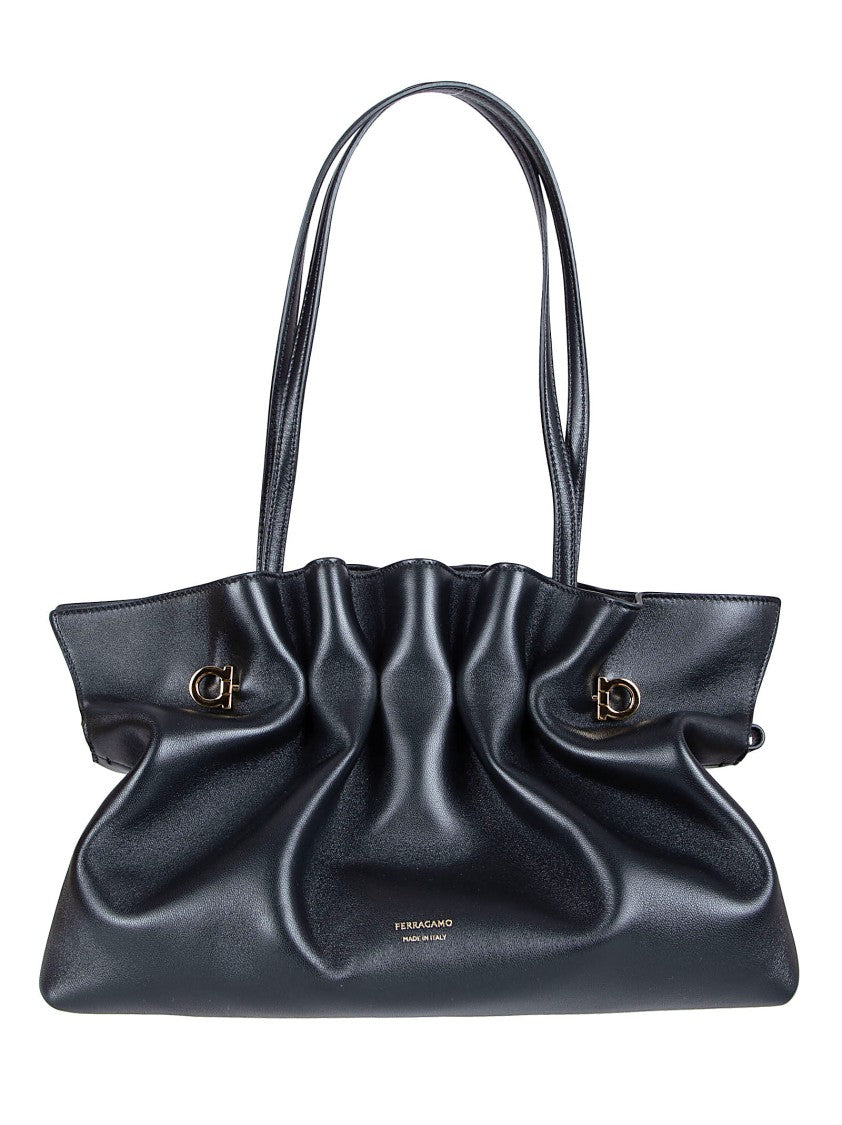 Ferragamo Soft Black Nappa Leather Bag With Iconic Gancio Clasps