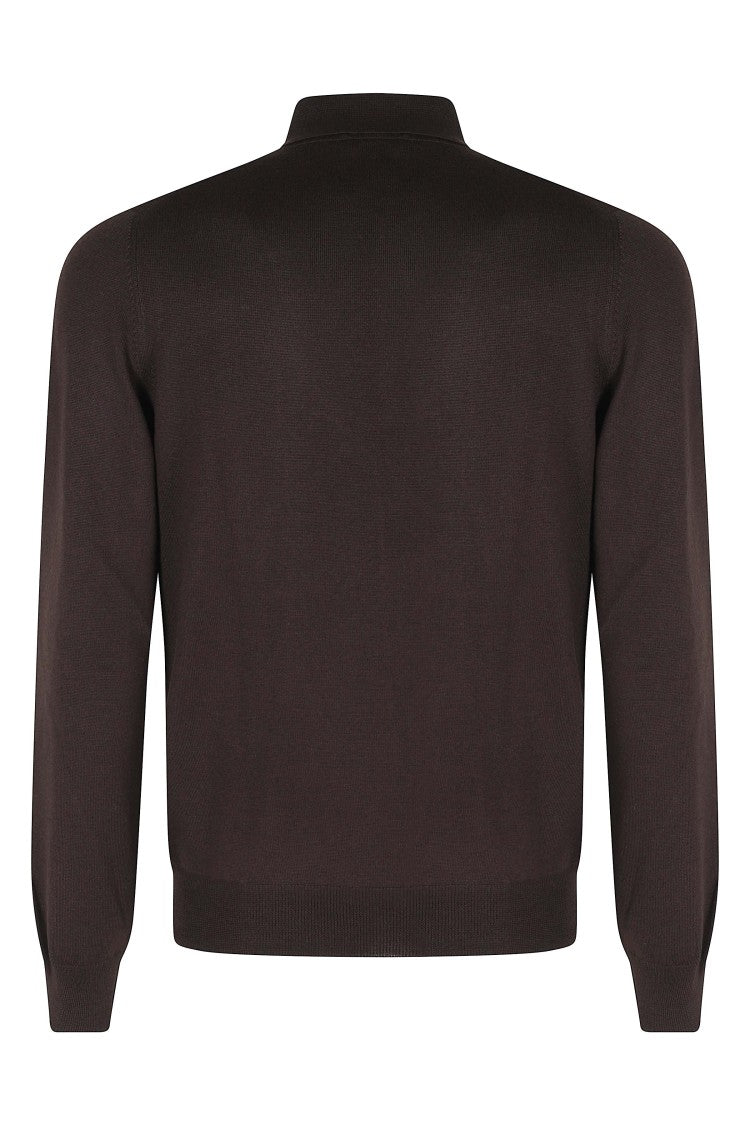 Tagliatore Brown Long-Sleeve Merino Wool Polo Shirt