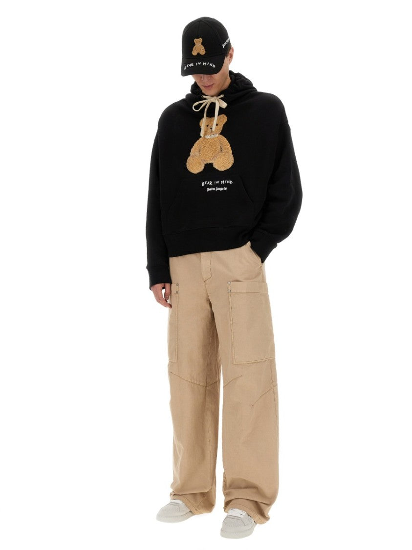 Palm Angels Cropped Black Hoodie With Teddy Bear Graphic