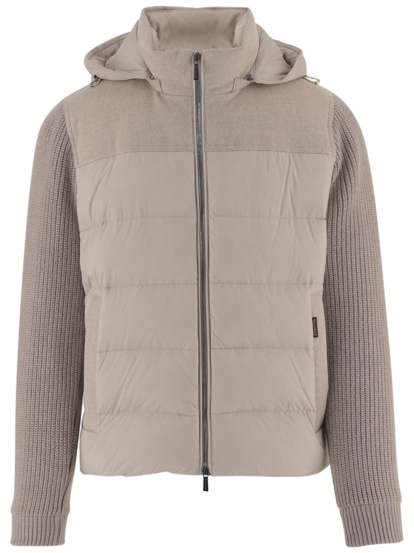 Moorer Padded Beige Jacket With Knitted Sleeves And Attached Hood