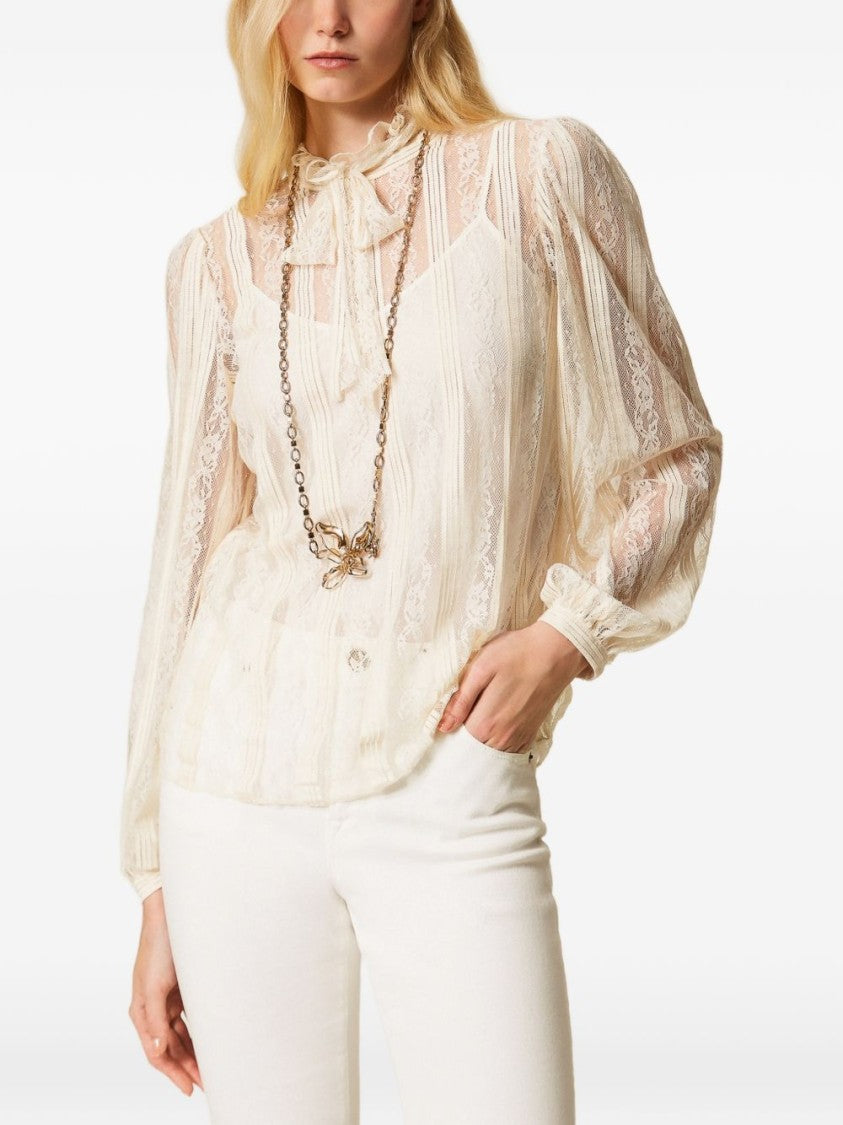 Twin-Set Sheer Lace Panel Blouse With Ruffled Collar And Bow Tie