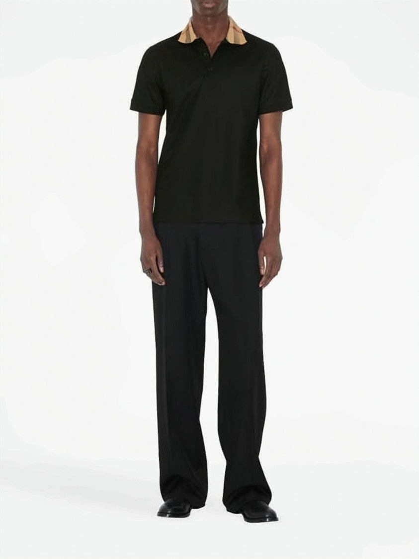Burberry Classic Black Cotton Polo Shirt With Beige Check Collar