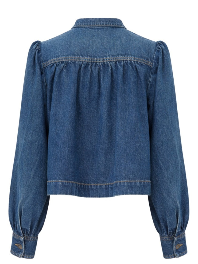 Chloé Denim High Neck Jacket With Gathered Detailing And Gold Accents