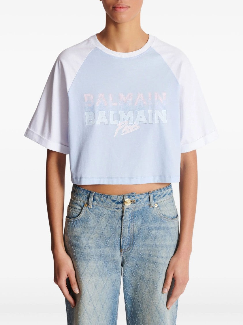 Balmain Light Blue Cropped Organic Cotton T-Shirt