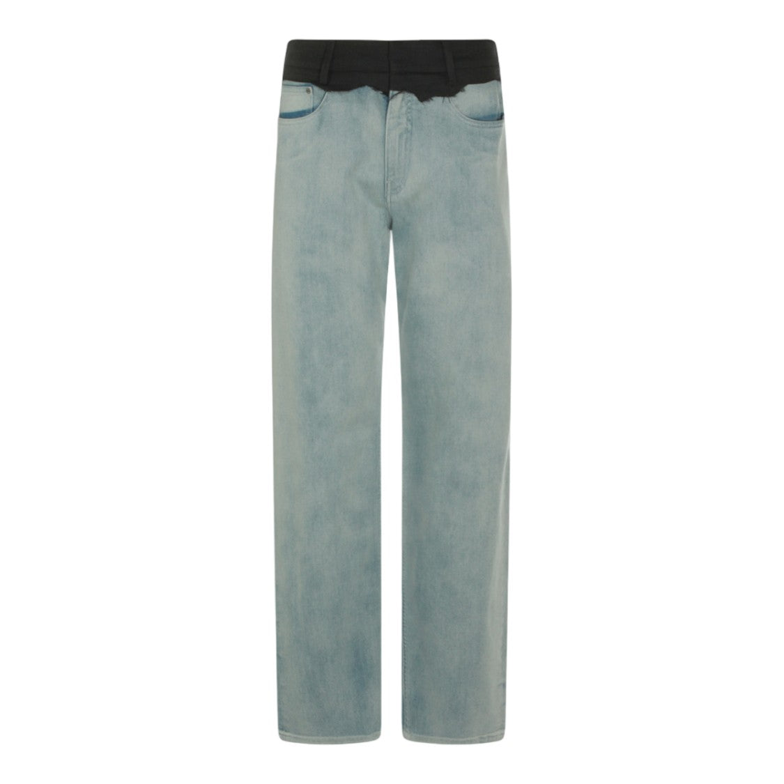 Mm6 By Maison Margiela Light Blue Washed Denim Jeans With Black Waistband And Raw Edge