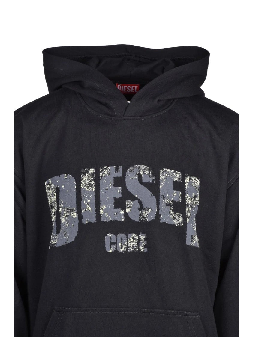 Diesel Black Hoodie With Distressed Logo And Kangaroo Pocket