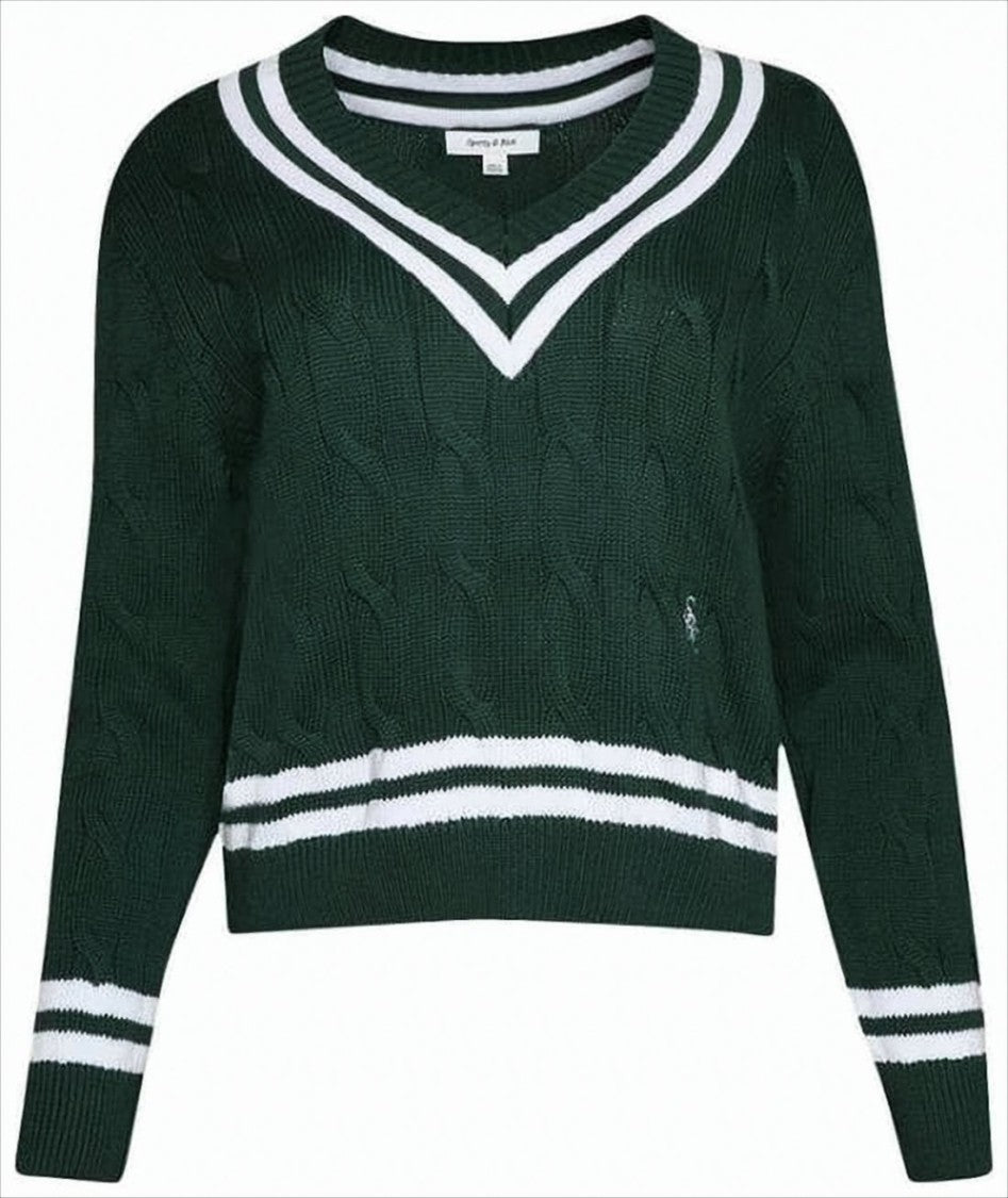 Sporty And Rich V-Neck Cable Knit Sweater With Contrasting Stripes