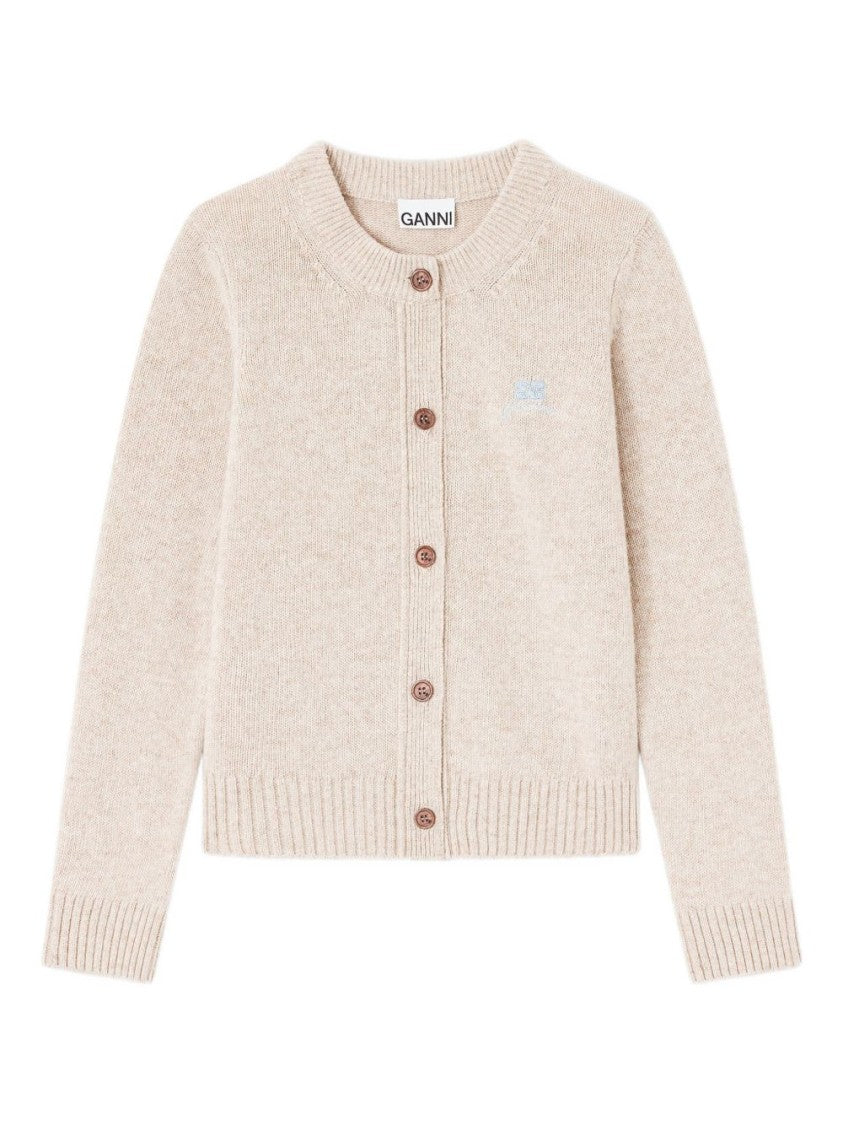 Ganni Knitted Beige Cardigan With Embroidered Logo