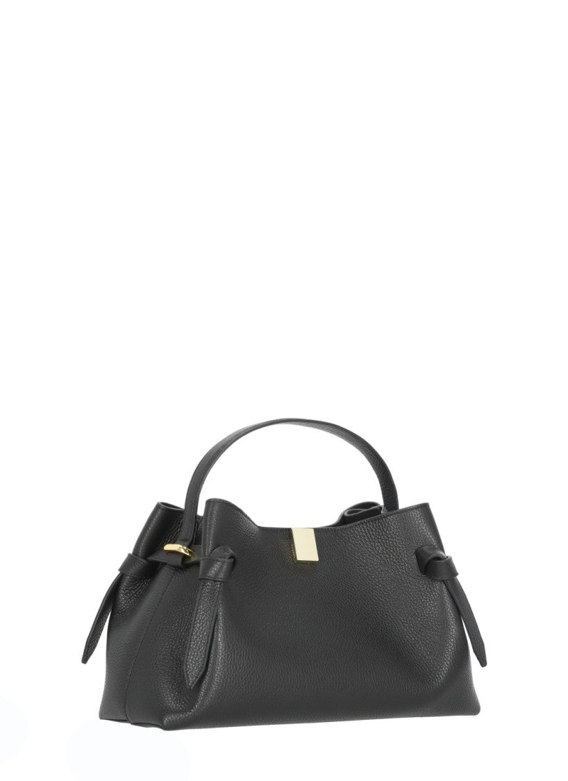 Yuzefi Structured Black Pebbled Leather Shoulder Bag With Golden Accents