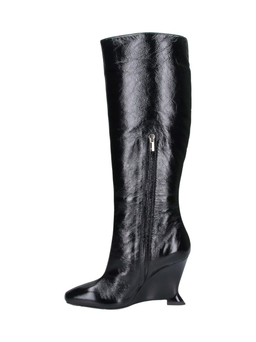 Balmain Black Leather Angled Wedge Heel Boots
