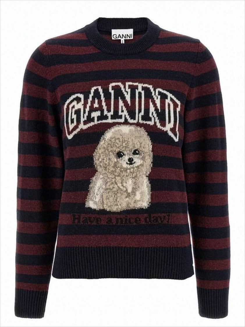 Ganni Horizontal Stripe Knit Sweater With Playful Dog Graphic