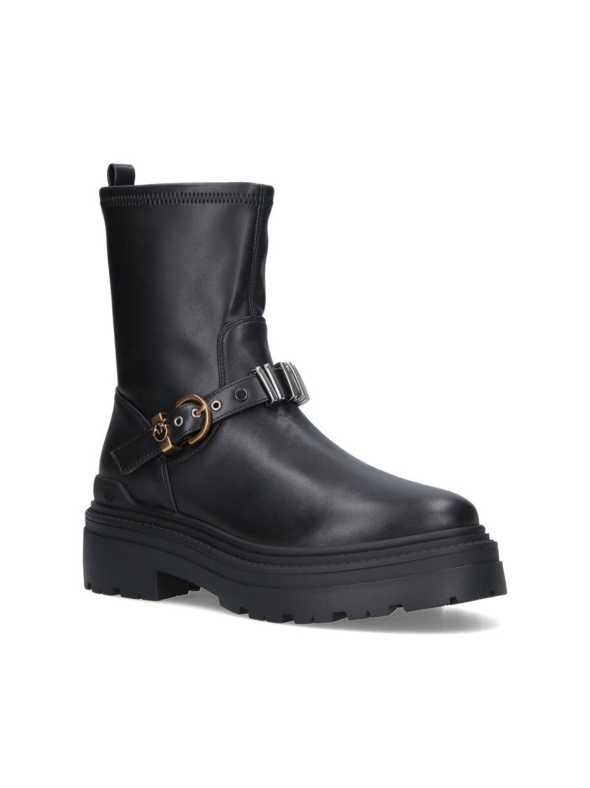 Pinko Rounded Toe Black Leather Ankle Boots