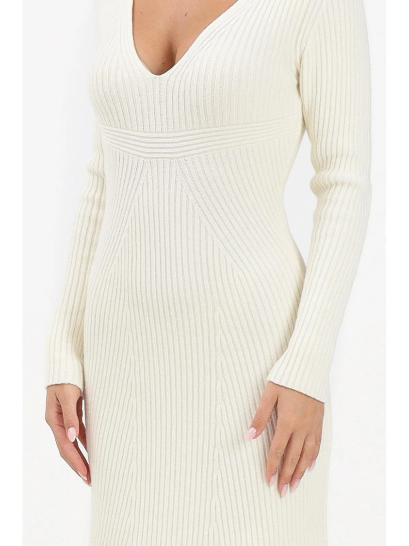 Akep Ribbed Knit Dress With Deep V-Neckline And Flared Hem
