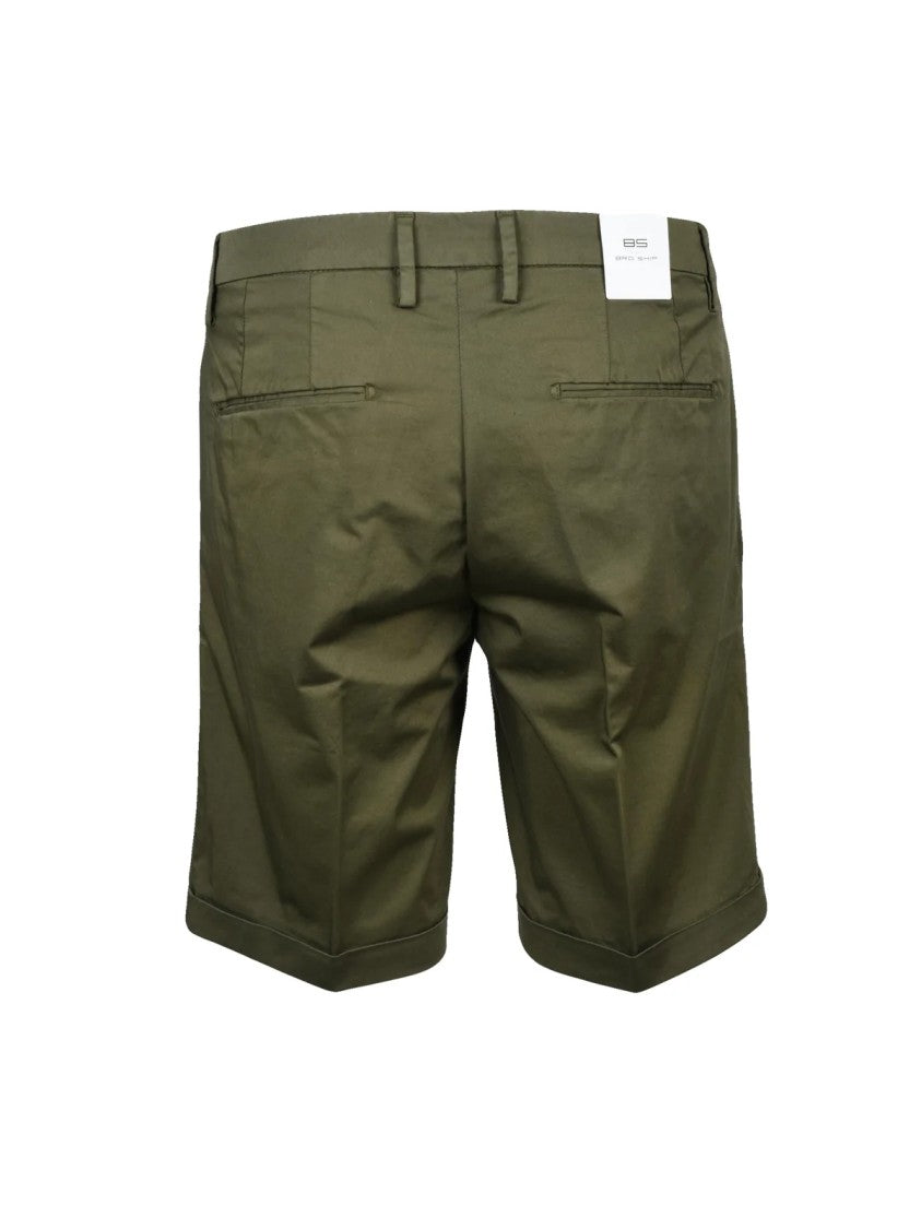 Bro Ship Military Green Flat Waist Cuffed Stretch Cotton Shorts