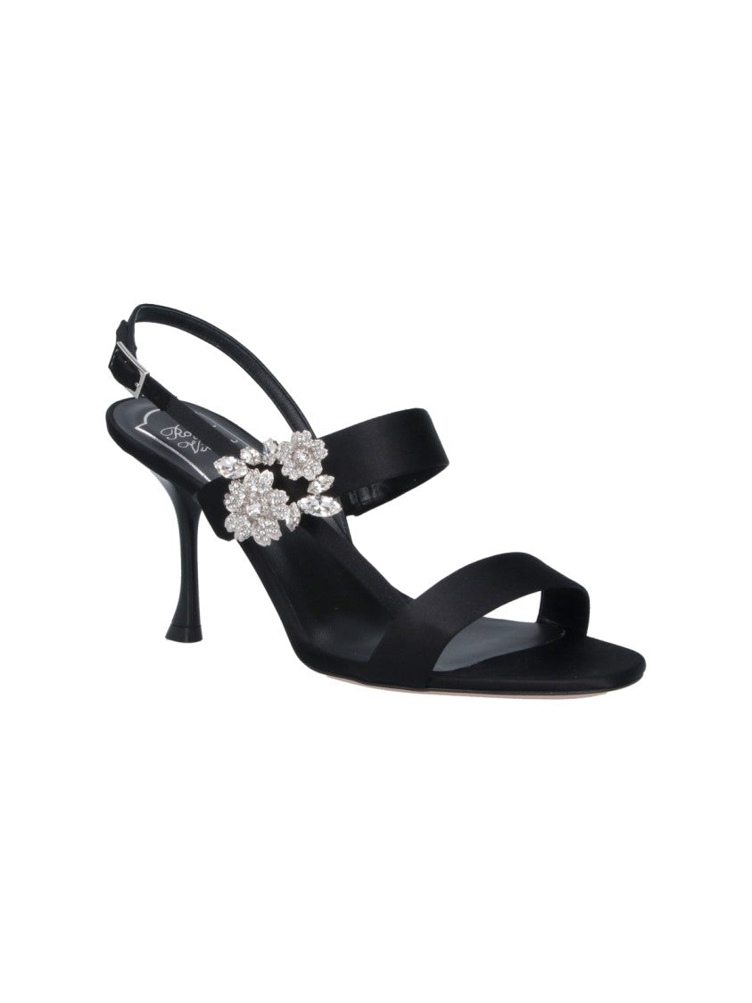 Roger Vivier Black Efflorescence Crystal Satin Open-Toe Sandals