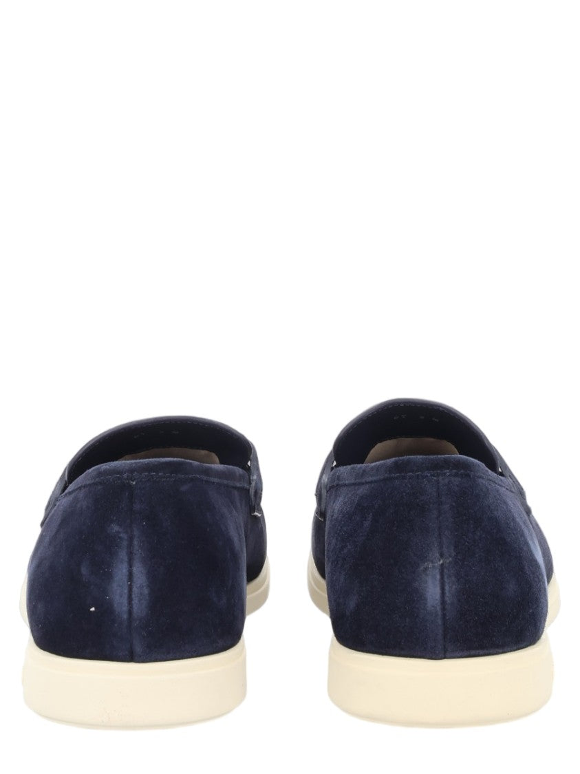 Ferragamo Deep Blue Suede Loafers With Silver-Toned Accents