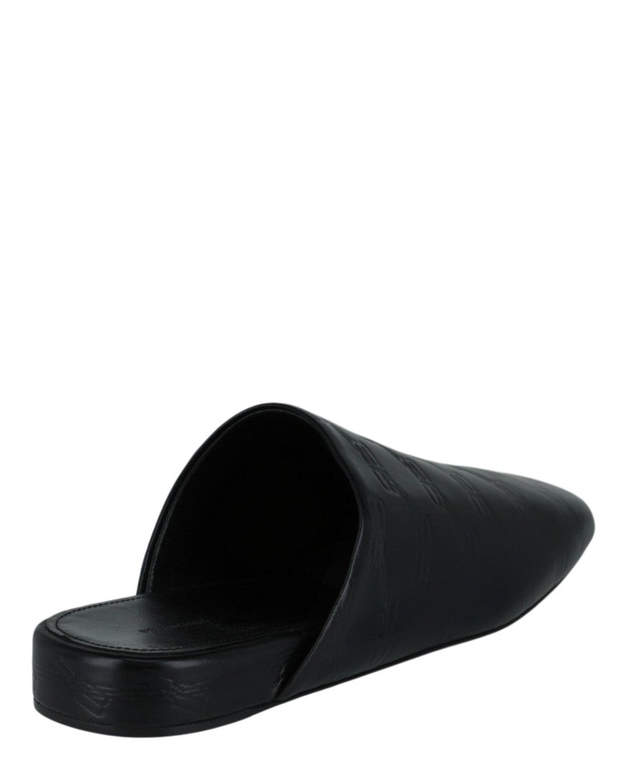 Balenciaga Square-Toe Black Calfskin Mules With Embossed Bb Monogram