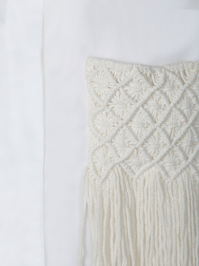 Incotex Textured White Shirt With Fringe Detailed Pocket
