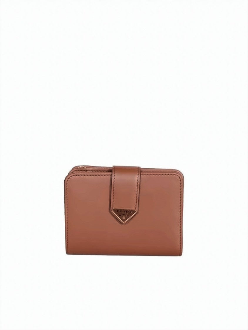 Prada Compact Brown Flap Wallet With Triangular Metal Accent