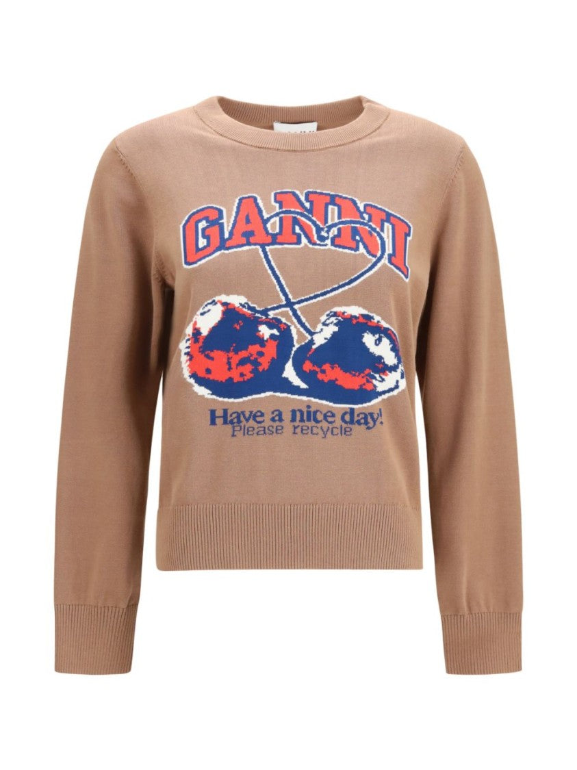 Ganni Cropped Organic Cotton Cherry Print Sweater