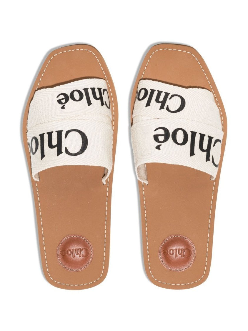 Chloé Open Toe Woody Sandals With Logo-Print Strap