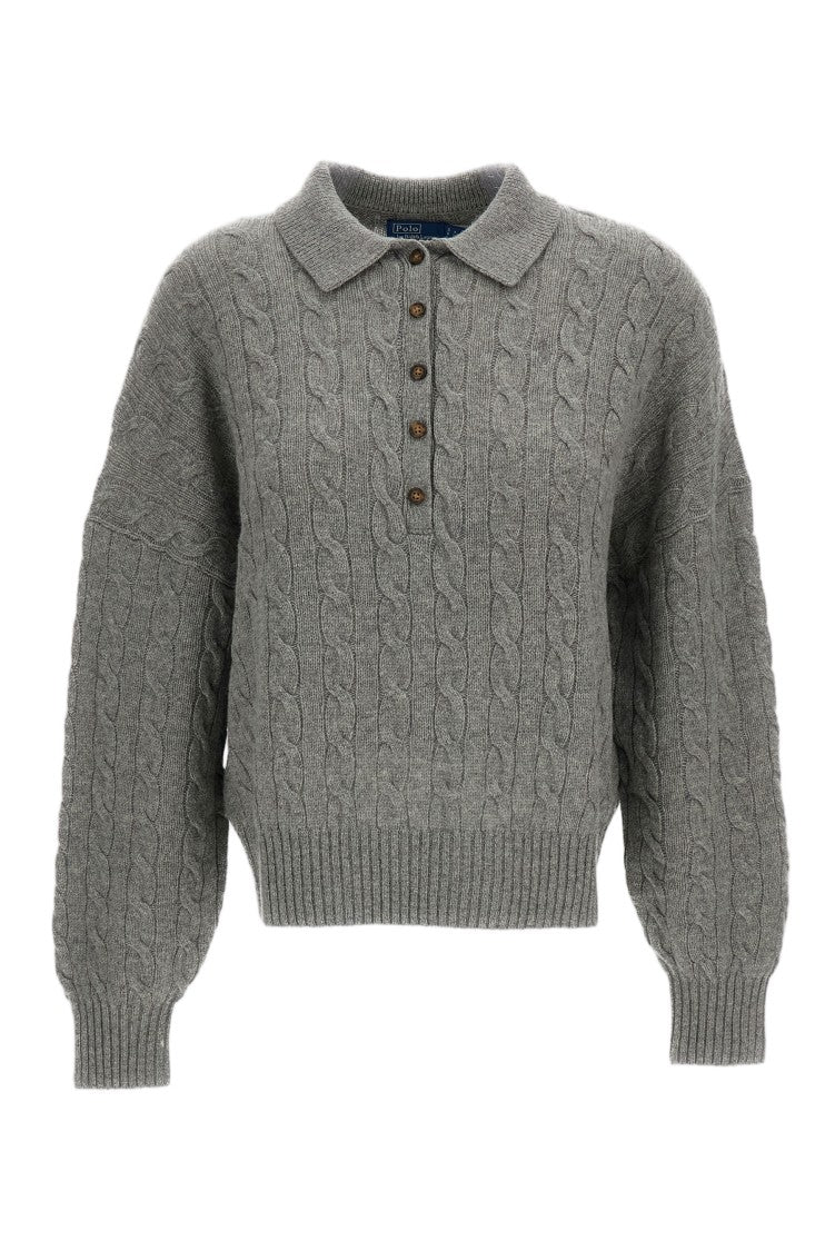 Polo Ralph Lauren Grey Cable-Knit Cashmere-Blend Polo Sweater