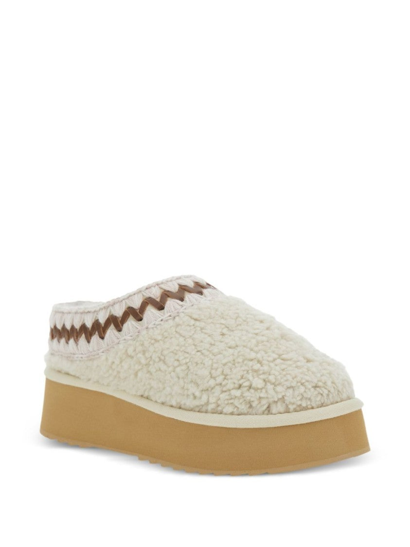 Mou Two-Tone Crochet Wool Slip-On Sandals With Plush Shearling