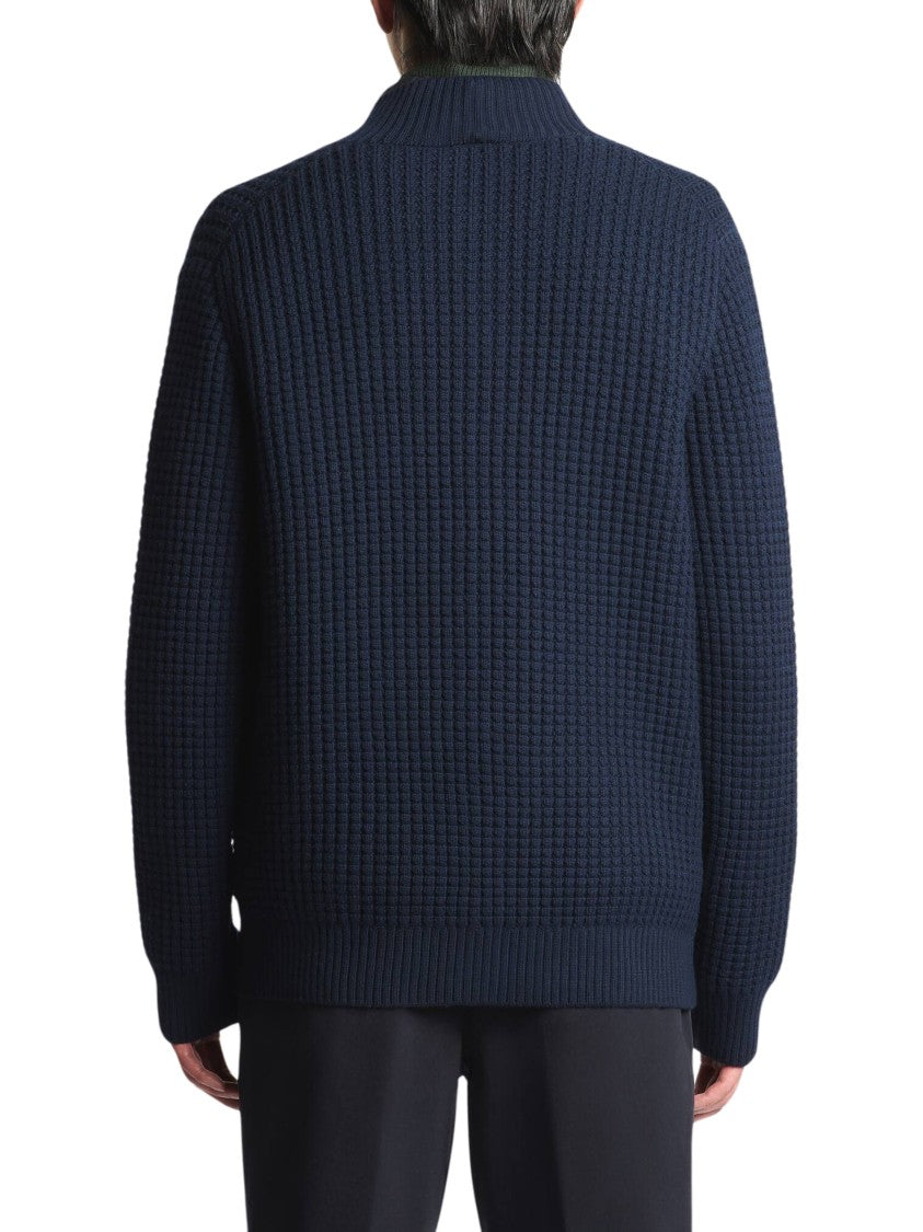 Fay Textured Navy Blue Cardigan With Removable Gilet