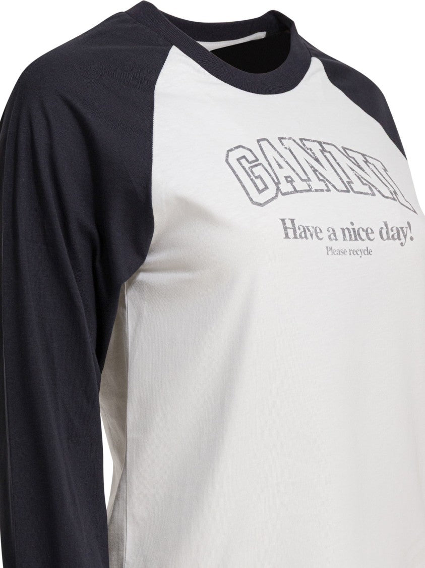 Ganni Long-Sleeve Baseball T-Shirt With Eco-Message