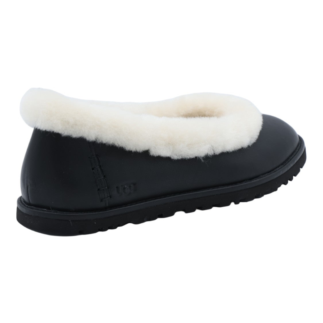 Ugg Black Flat Shoes With Plush White Fur Trim