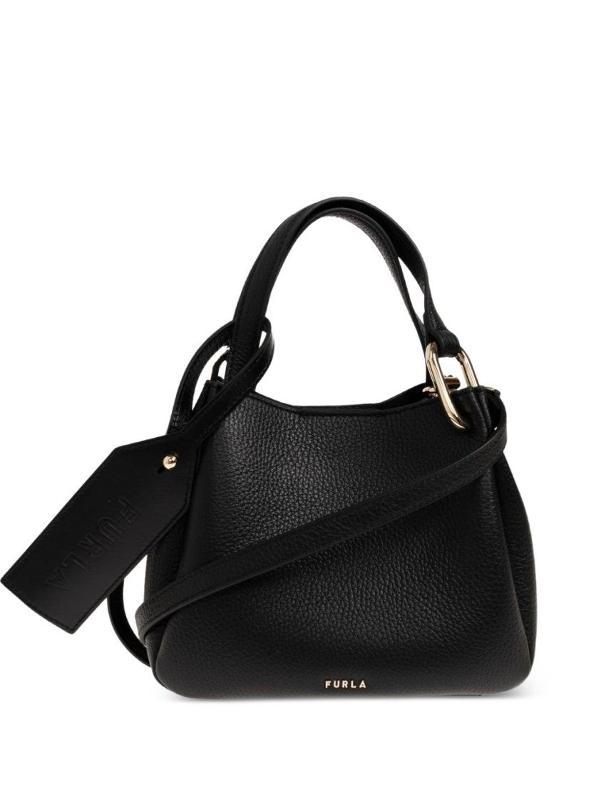 Furla Black Structured Textured Gold-Tone Handbag