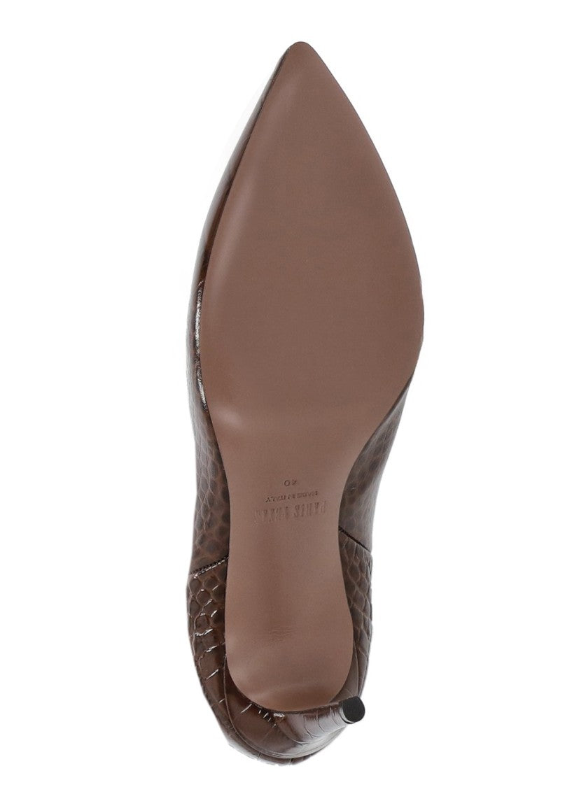 Paris Texas Mid-Calf Brown Crocodile-Effect Boots With Arrow Toe