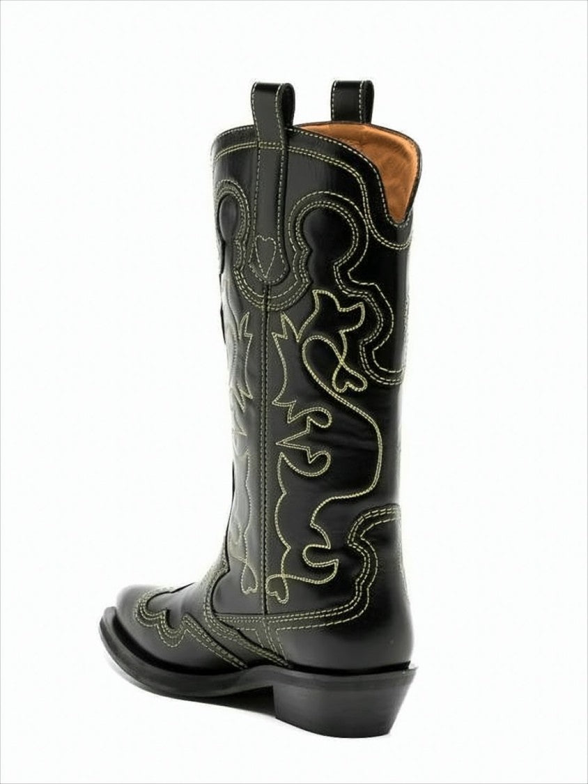 Ganni Mid-Calf Black Leather Boots With Western-Inspired Detailing