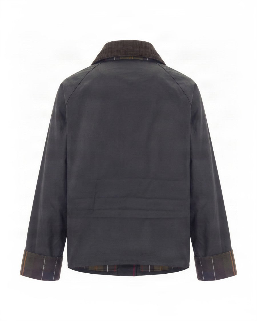 Barbour Short Olive Waxed Cotton Jacket With Corduroy Collar