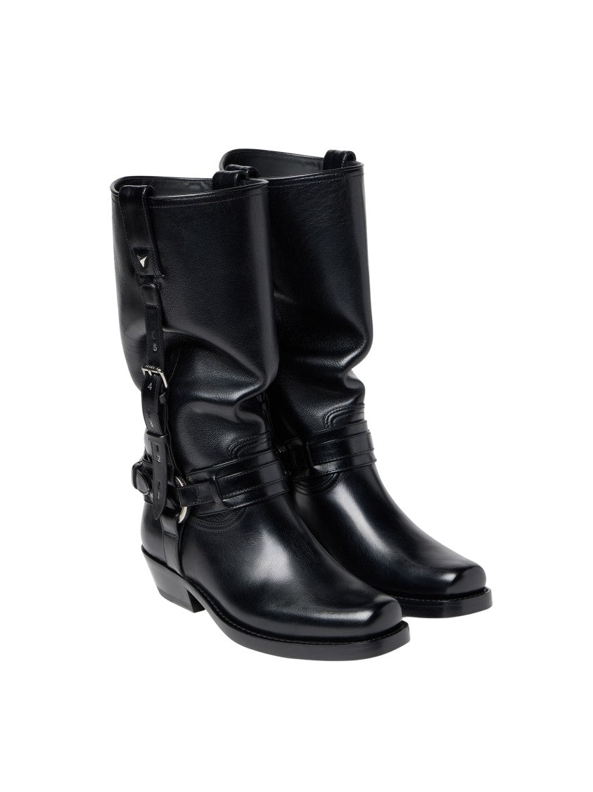 Fendi Black Texan Ruched Shaft Ankle Buckle Calfskin Boots