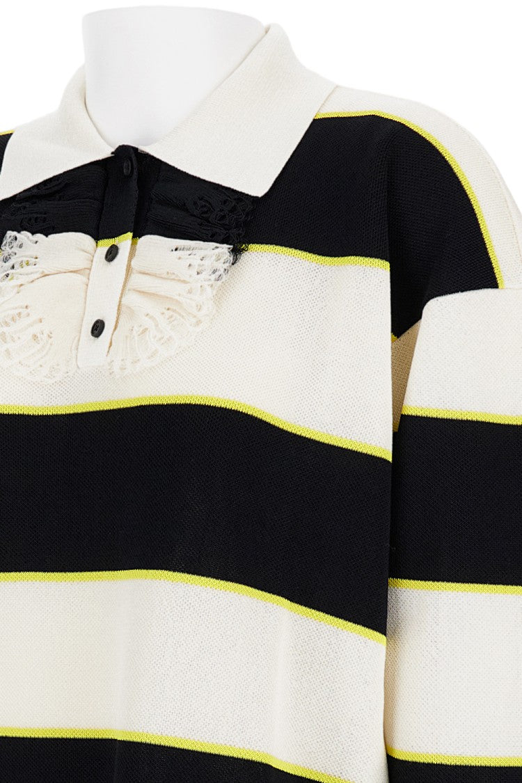 Alexander Mcqueen Silk Polo With Ruffled Placket And Bold Striped Design