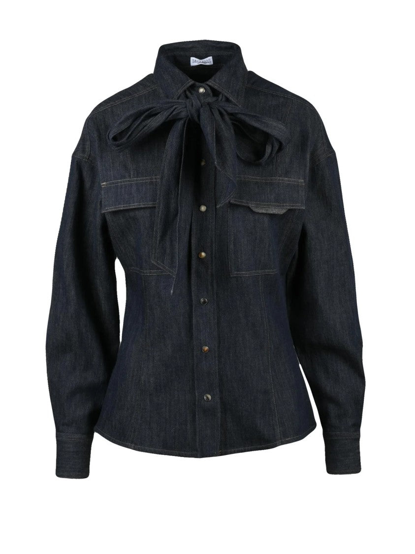 Brunello Cucinelli Fitted Dark Denim Shirt With Bow Tie Detail