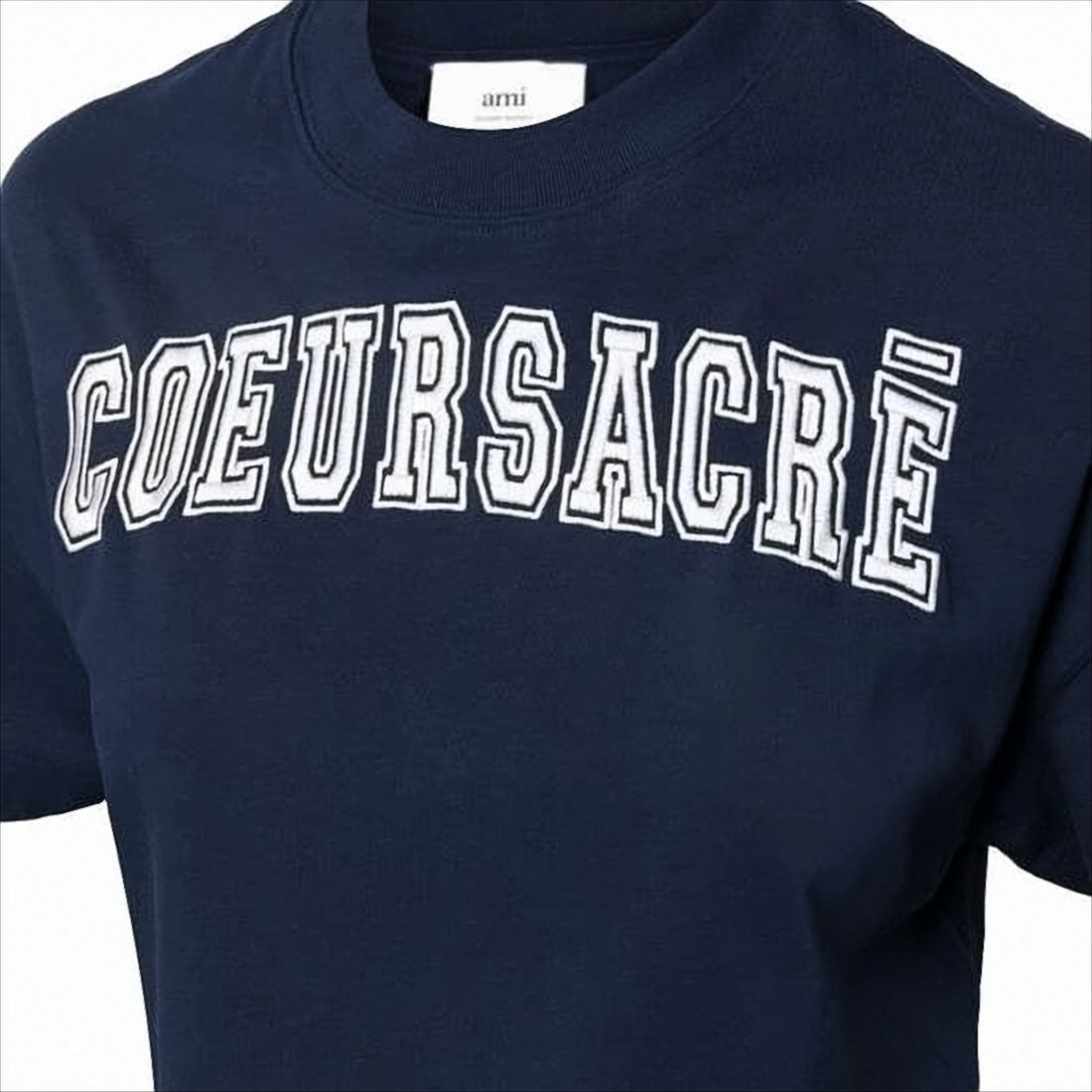 Ami Paris Cropped Navy T-Shirt With Collegiate Text Design