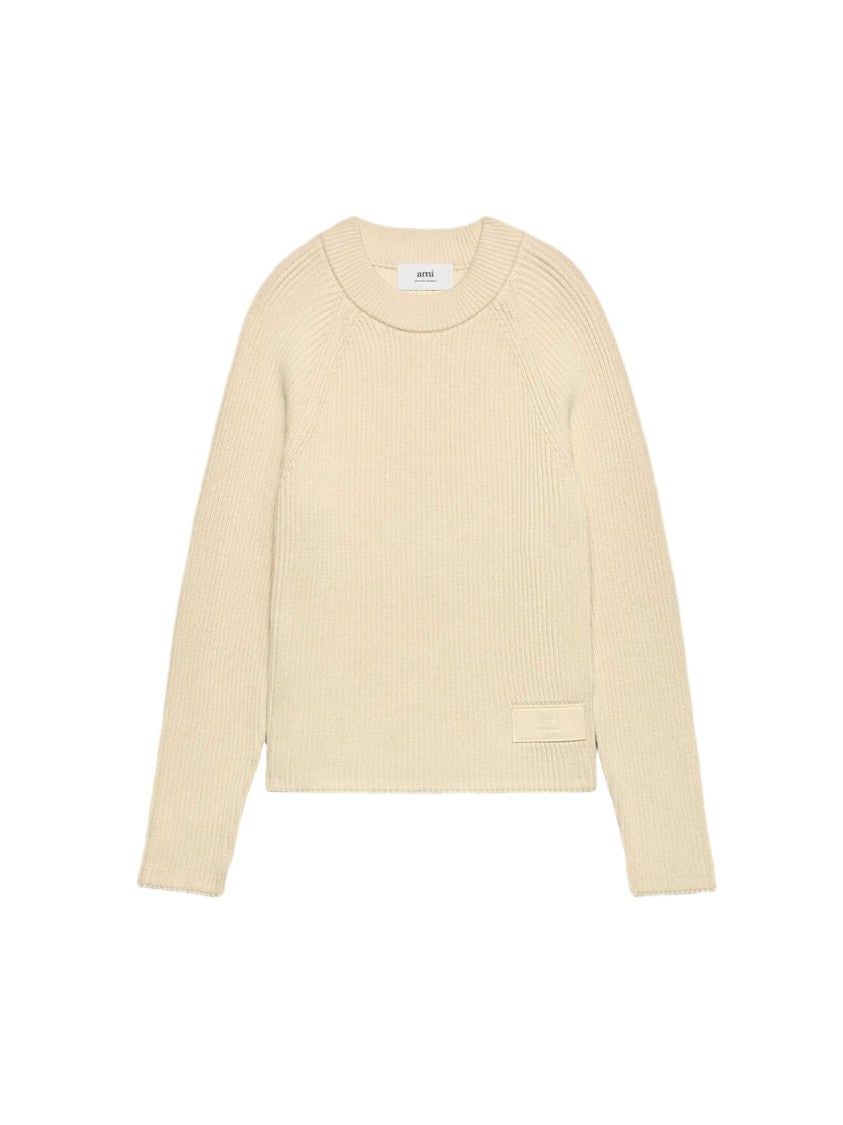 Ami Paris Ecru-Beige Ribbed Crew-Neck Sweater