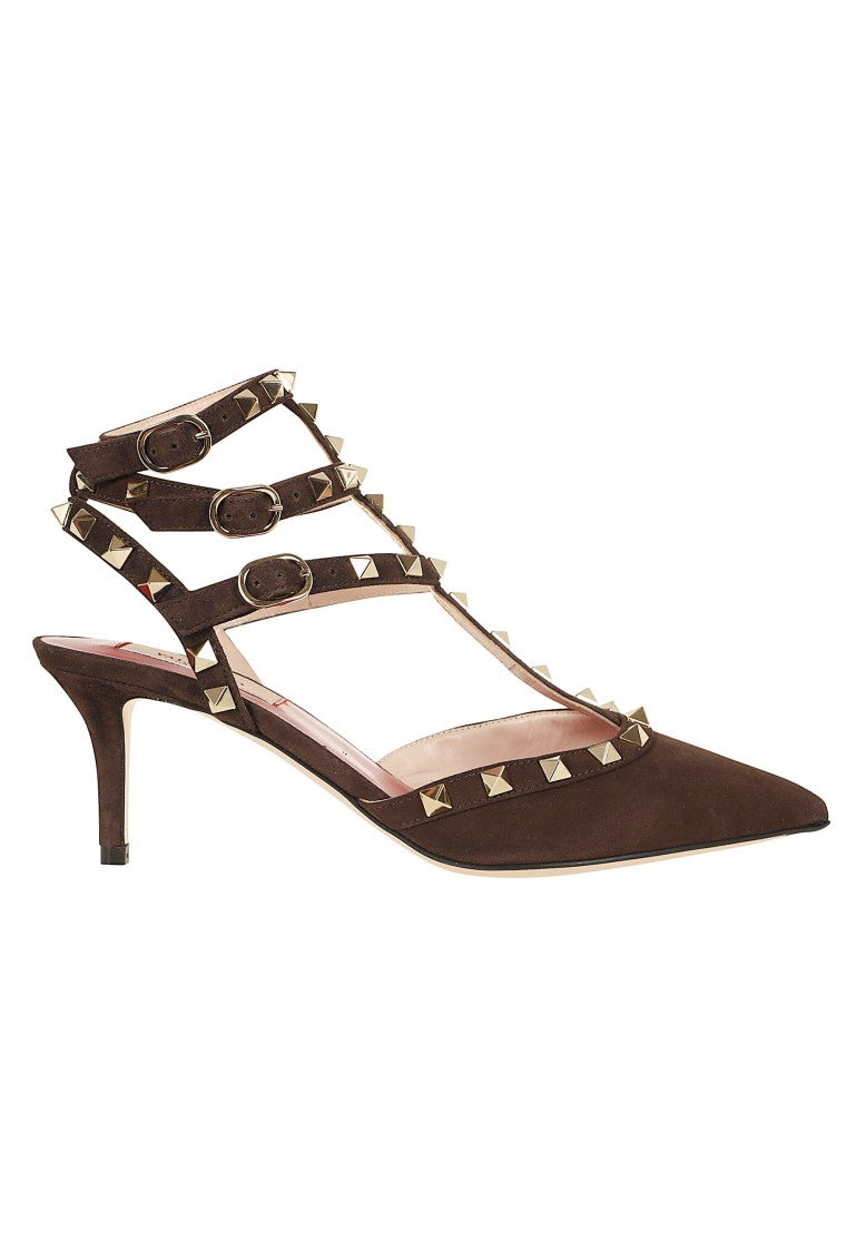 Valentino Garavani Dark Brown Suede Rockstud Ankle Strap Pumps