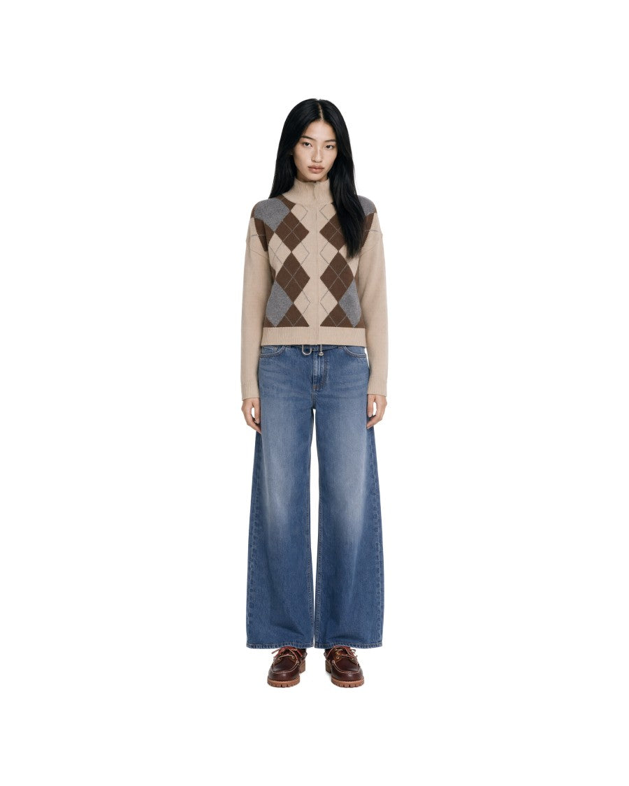 Max Mara Neutral Argyle Pattern Wool-Cashmere Crewneck Sweater