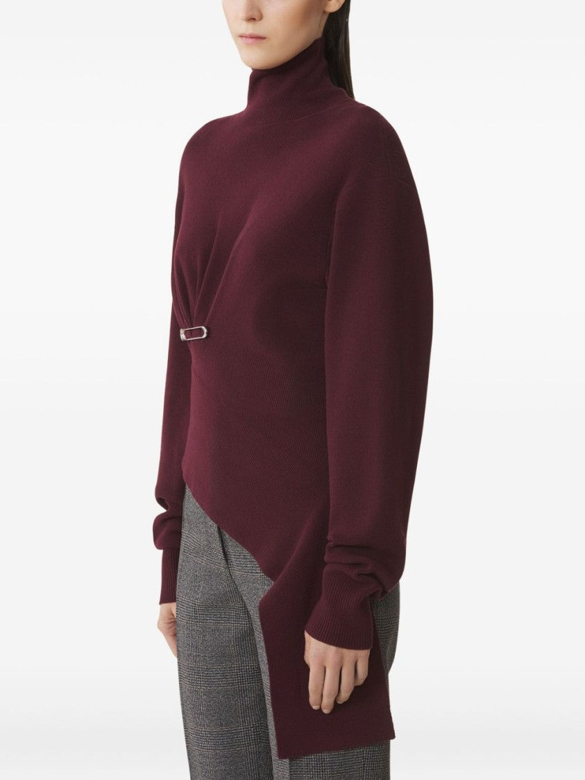Lanvin Burgundy Knit Wool-Cashmere Sweater With Asymmetrical Hem