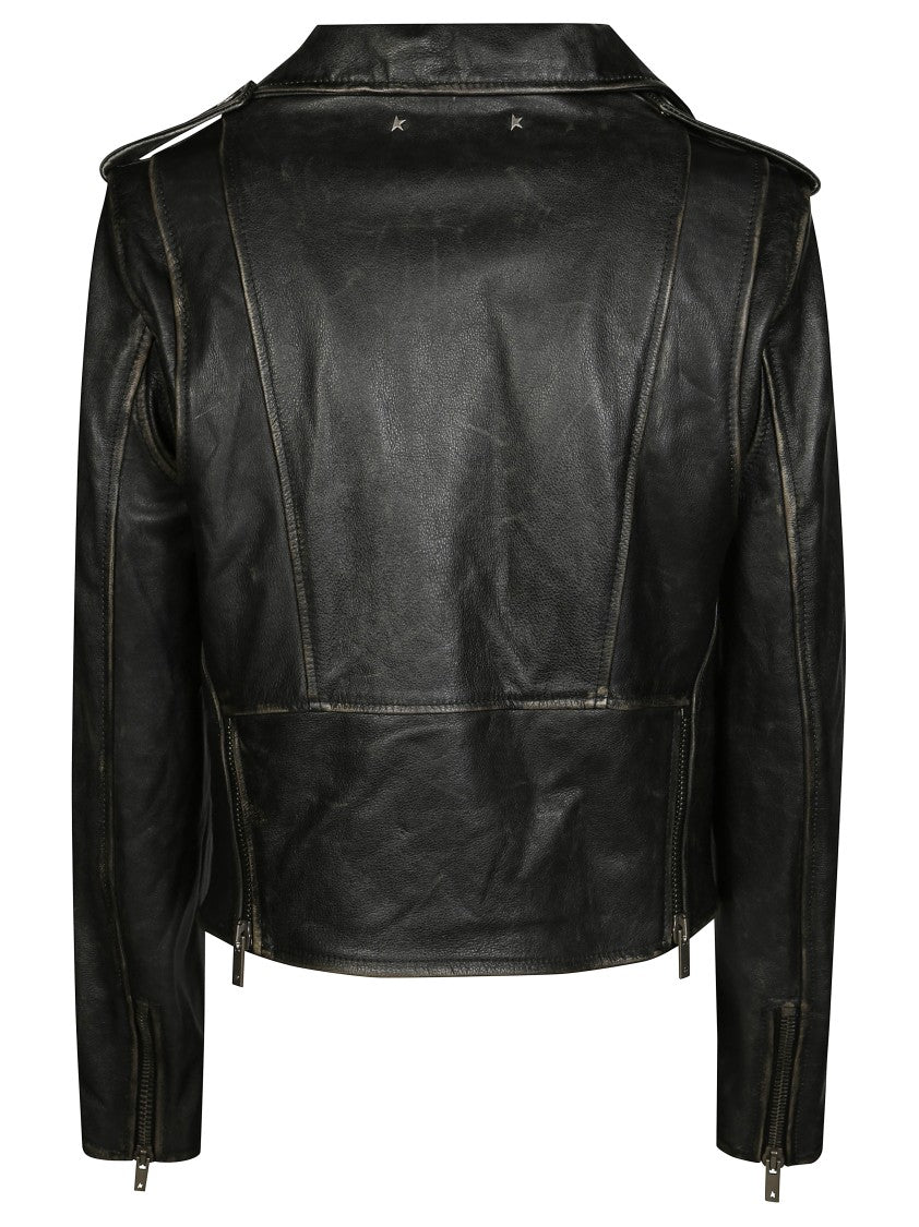 Golden Goose Biker Leather Jacket With Zip Closure