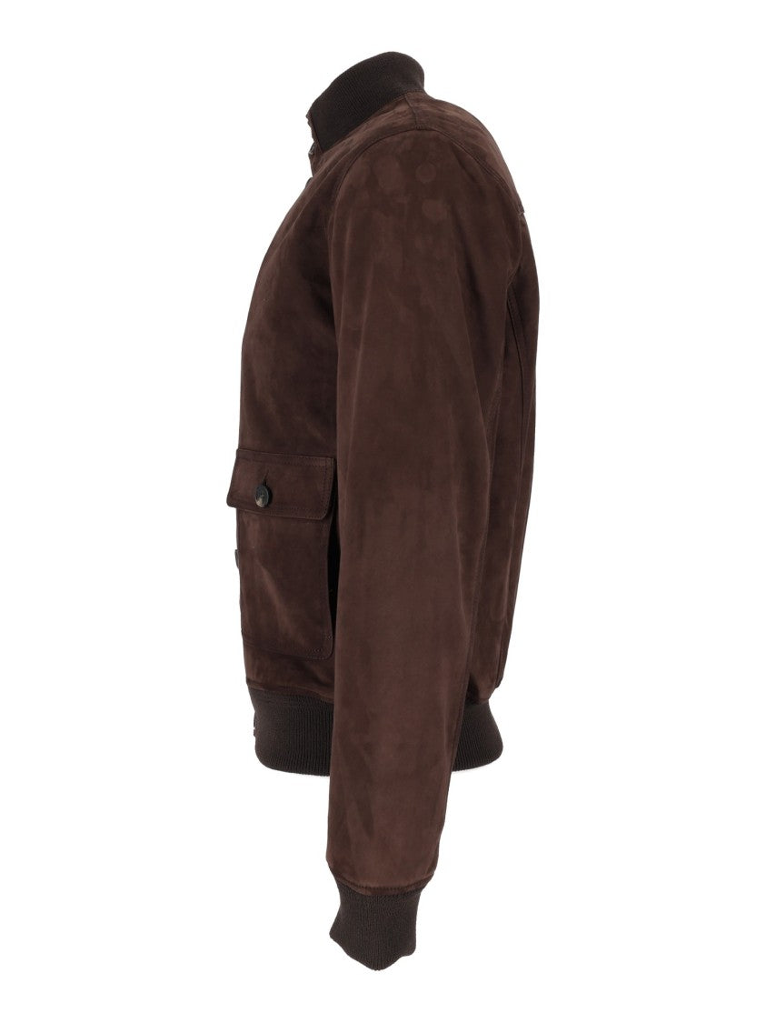 Stewart Suede Leather Bomber Jacket With Ribbed Knit Details