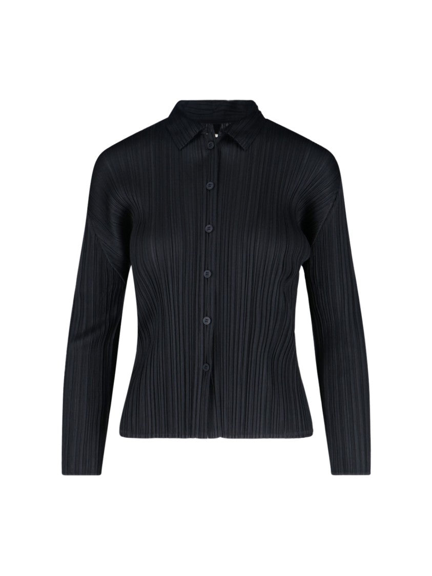 Pleats Please Classic Black Shirt With Structured Collar And Pleated Design