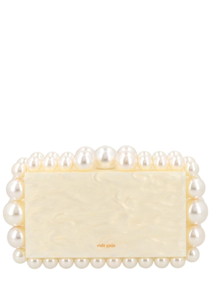 Cult Gaia Rectangular Clutch Handbag In Pearlescent Ivory With Pearl Accents