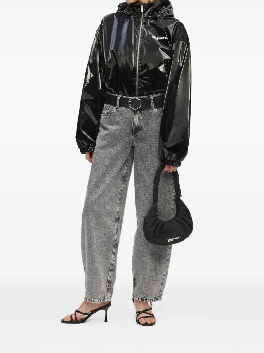 Karl Lagerfeld Glossy Black Cropped Jacket With High Collar