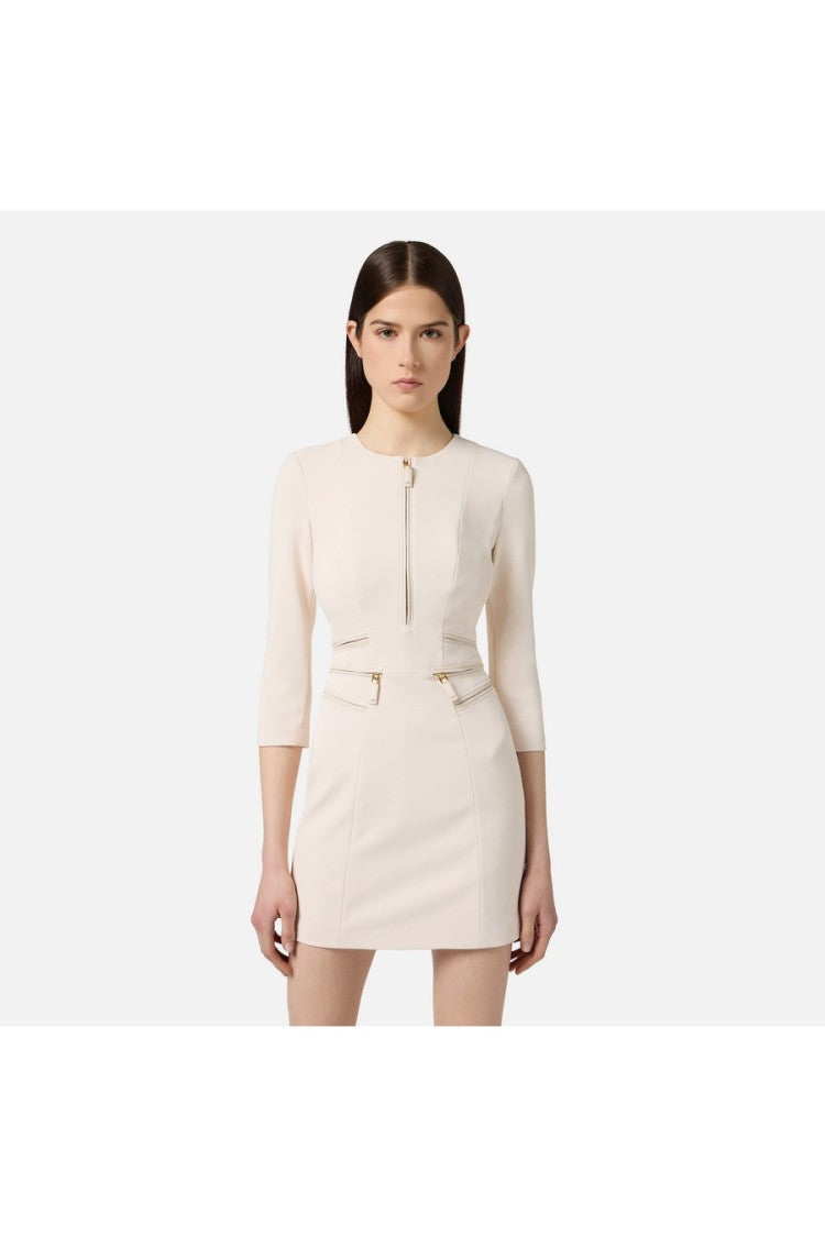 Elisabetta Franchi Milk Zip-Front Pocket Polyester-Blend Midi Dress