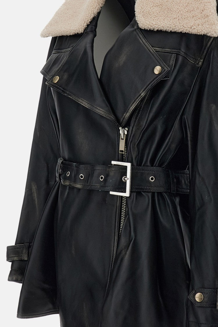 Halfboy Biker Leather Shearling Collar Aviator Trench Coat