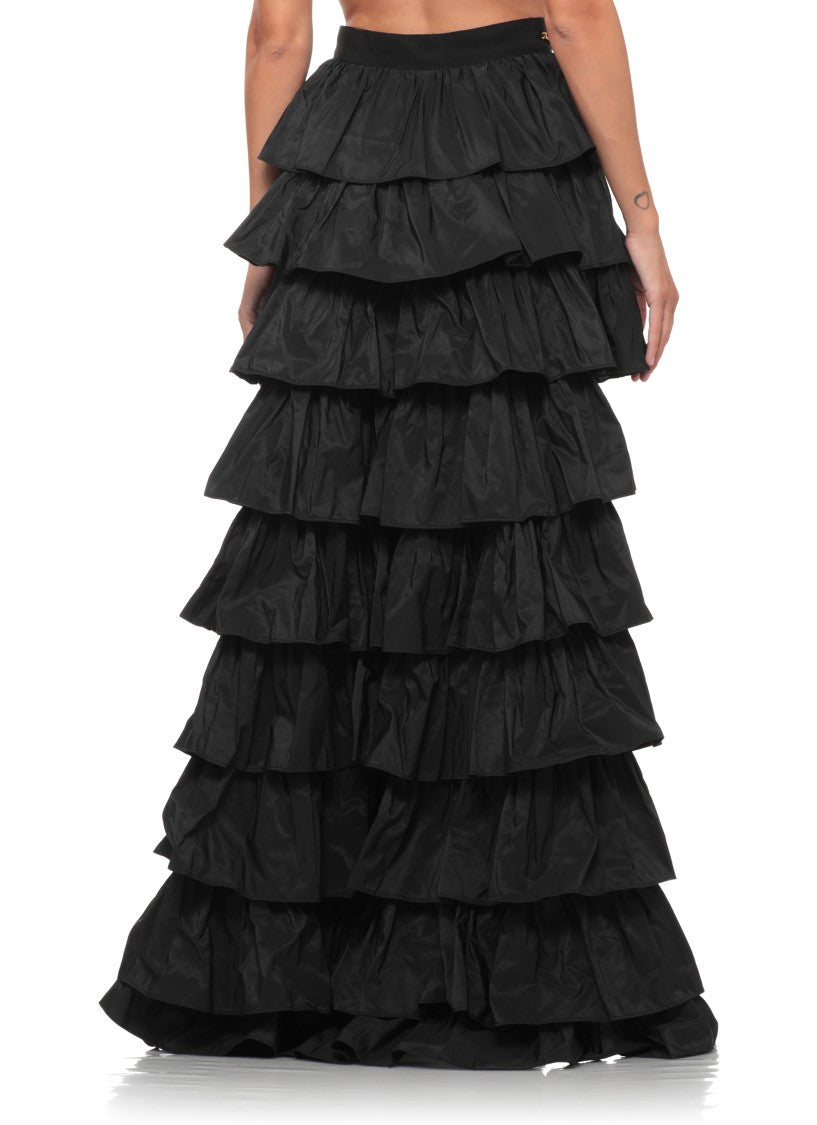 Elisabetta Franchi Long Black Ruffle Skirt With Removable Gold Detailing